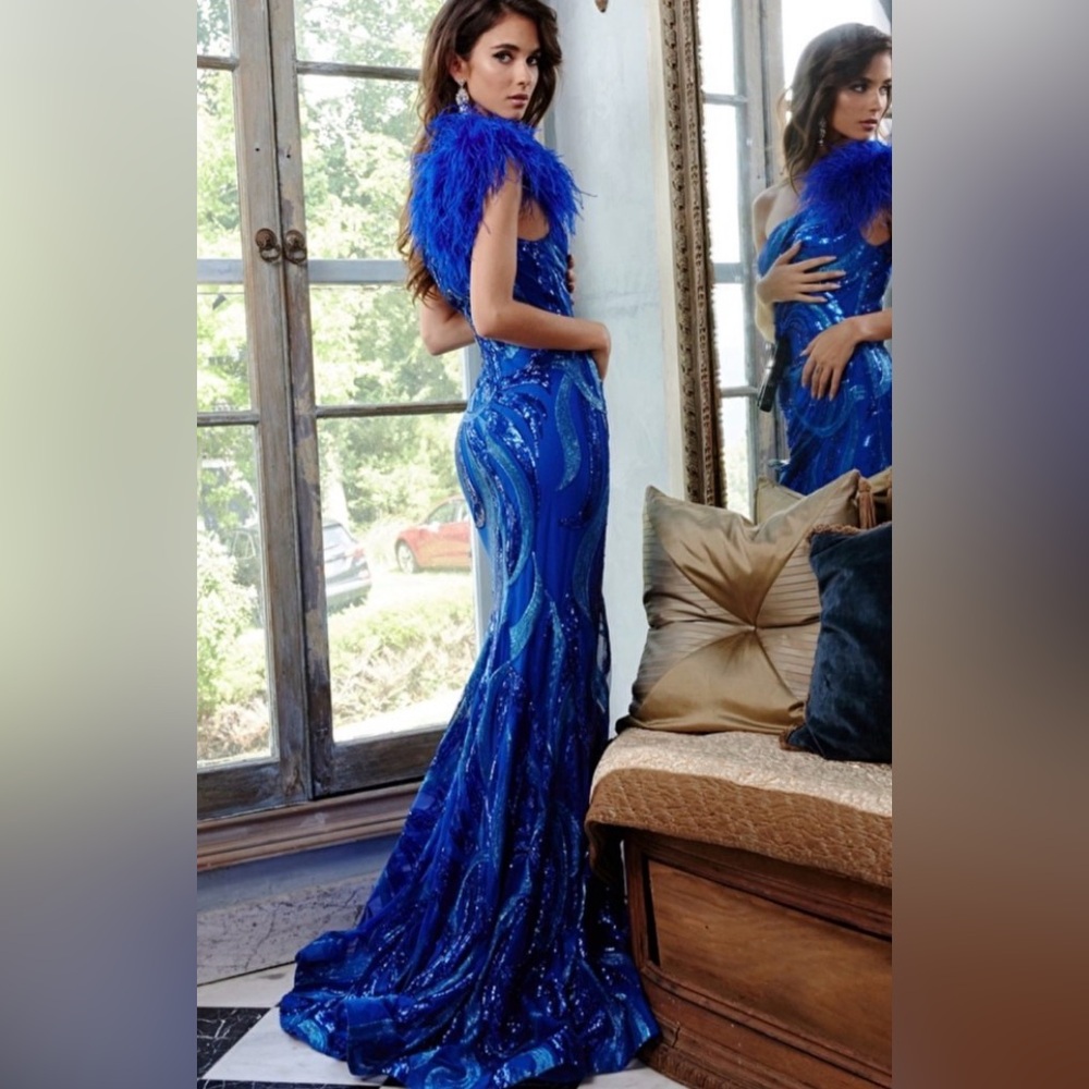 Jovani 32596- Royal Blue Sequin Dress with Feather Trim